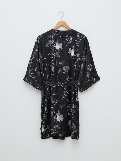 Women's Dressing Gown with Double Breasted Collar and Floral Tie Waist Detail