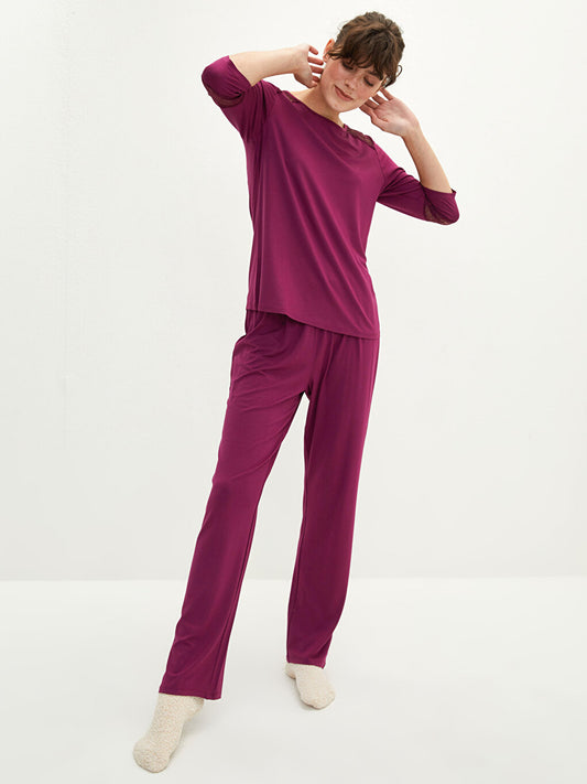 Boat Neck Lace Detailed Long Sleeve Women's Pajama Set