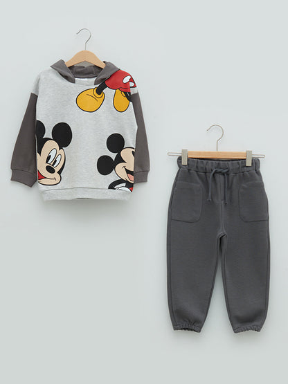 Hooded Long Sleeve Mickey Mouse Printed Baby Boy Sweatshirt and Jogger Pants 2-Piece Set