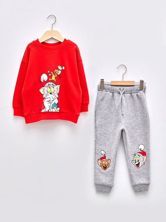 Crew Neck Long Sleeve Tom and Jerry Printed Baby Boy Sweatshirt and Jogger Tracksuit Bottom 2-Piece Set