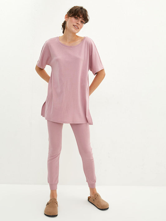 Crew Neck Plain Short Sleeve Cotton Women's Pajama Set