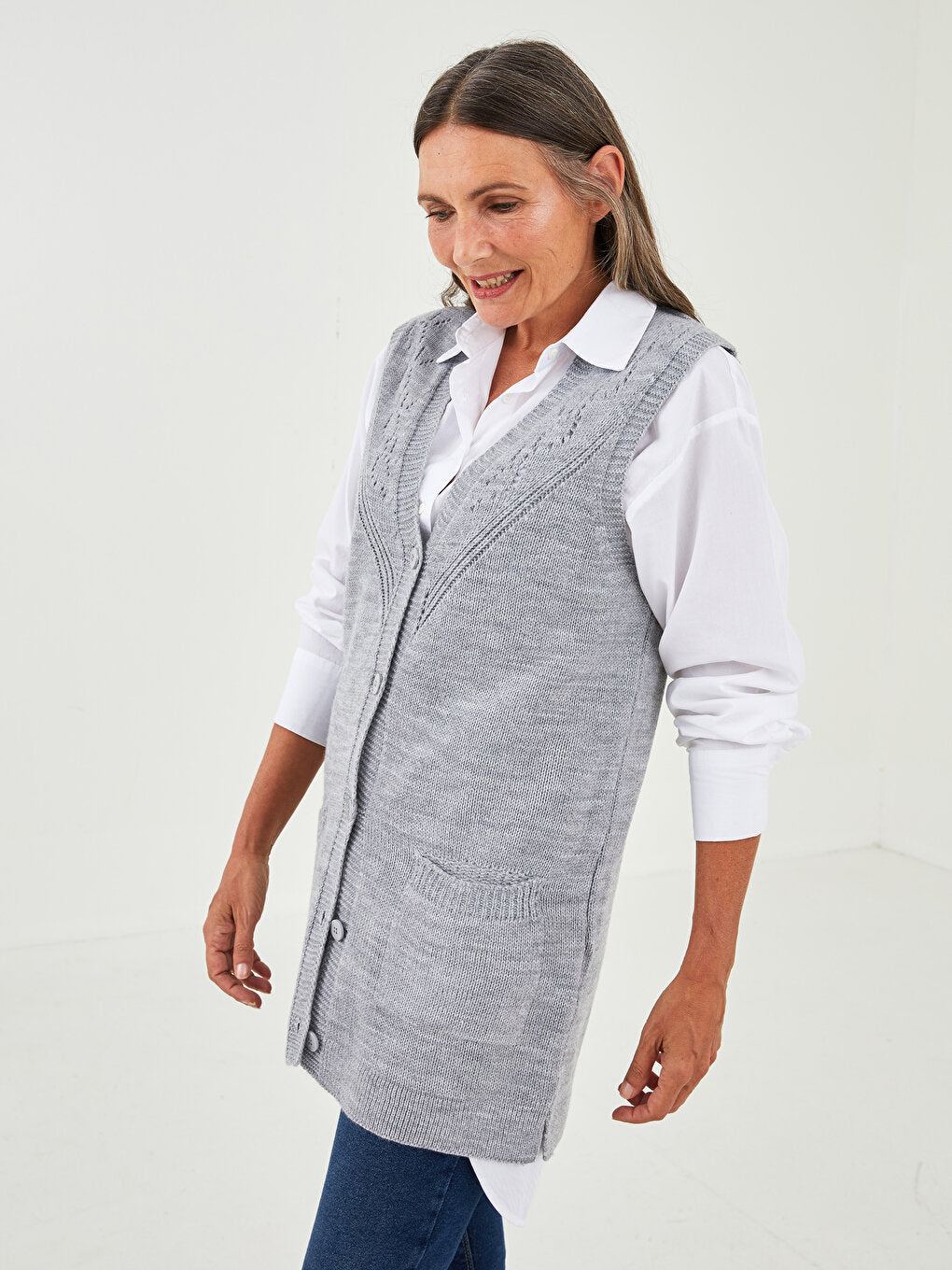 V-Neck Self-Patterned Women's Knitwear Vest with Pocket Detail