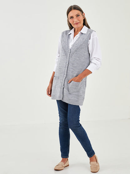 V-Neck Self-Patterned Women's Knitwear Vest with Pocket Detail