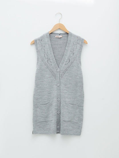 V-Neck Self-Patterned Women's Knitwear Vest with Pocket Detail