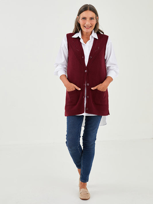 V-Neck Self-Patterned Women's Knitwear Vest with Pocket Detail