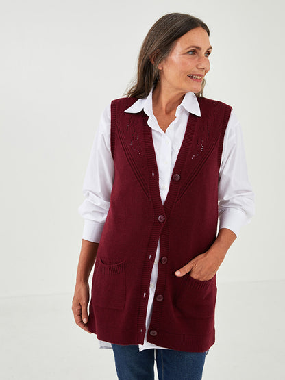 V-Neck Self-Patterned Women's Knitwear Vest with Pocket Detail