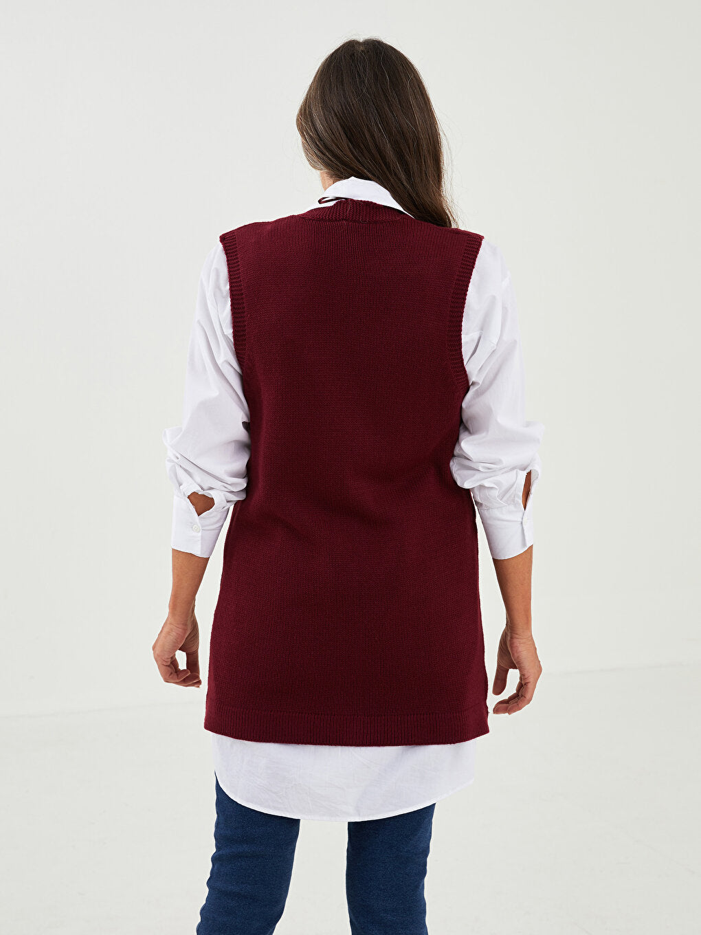 V-Neck Self-Patterned Women's Knitwear Vest with Pocket Detail