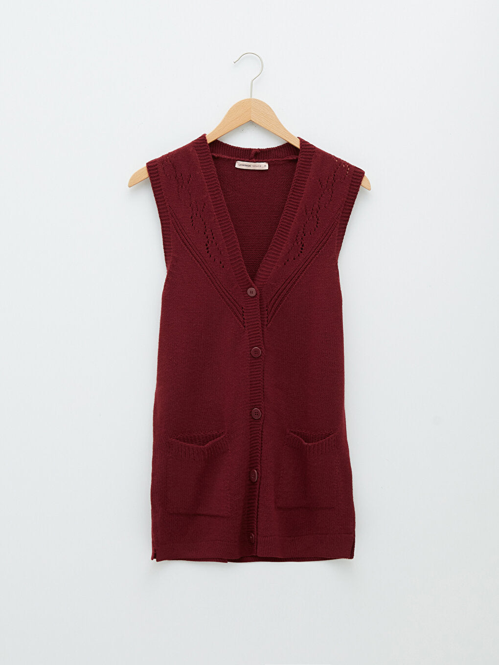 V-Neck Self-Patterned Women's Knitwear Vest with Pocket Detail