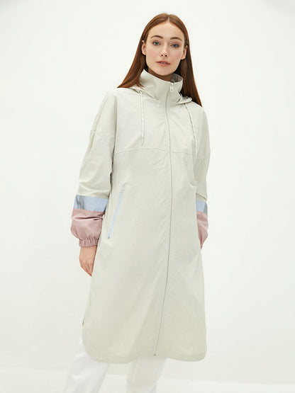 Hooded Plain Long Sleeve Women's Raincoat with Pocket Detail