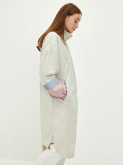 Hooded Plain Long Sleeve Women's Raincoat with Pocket Detail