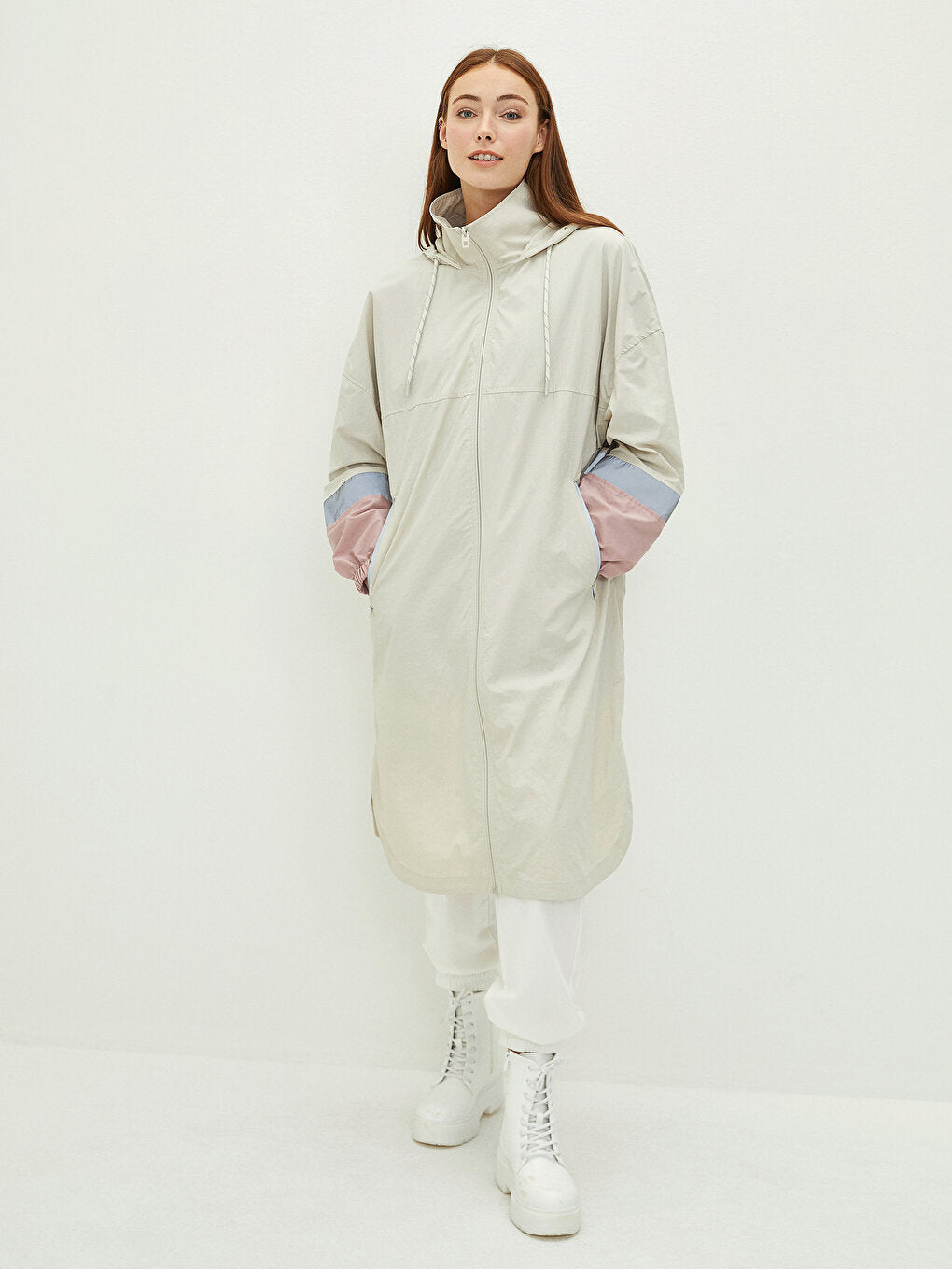 Hooded Plain Long Sleeve Women's Raincoat with Pocket Detail