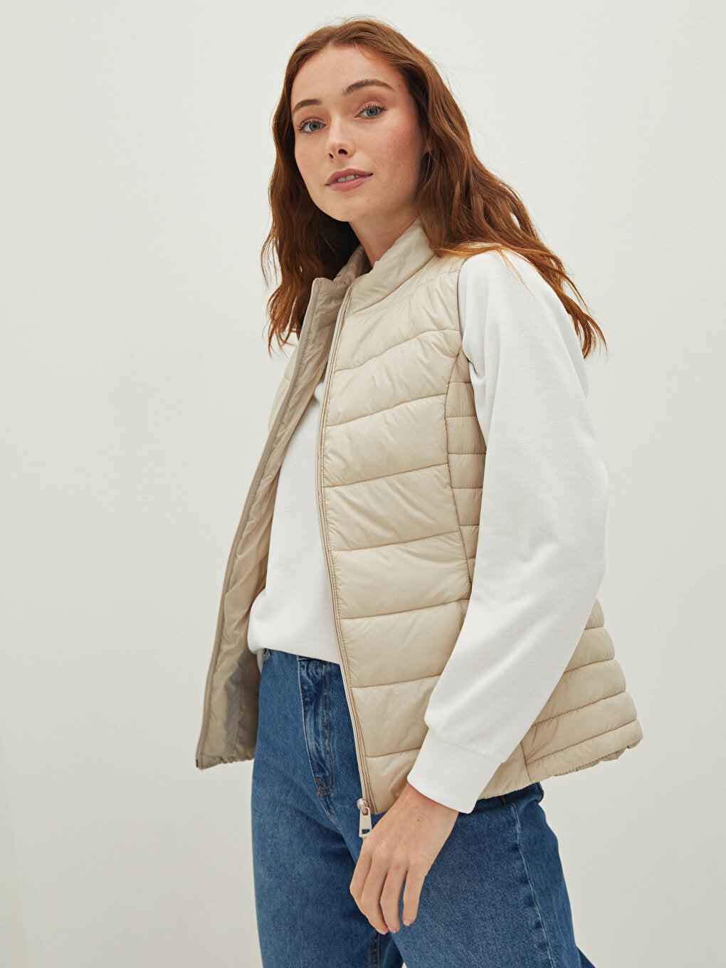 High Collar Sleeveless Plain Pocket Detailed Women's Puffer Vest