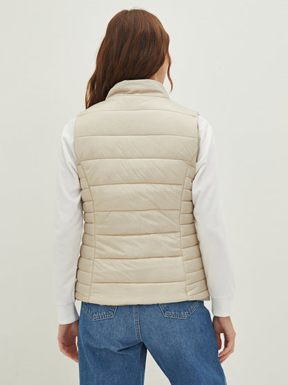 High Collar Sleeveless Plain Pocket Detailed Women's Puffer Vest