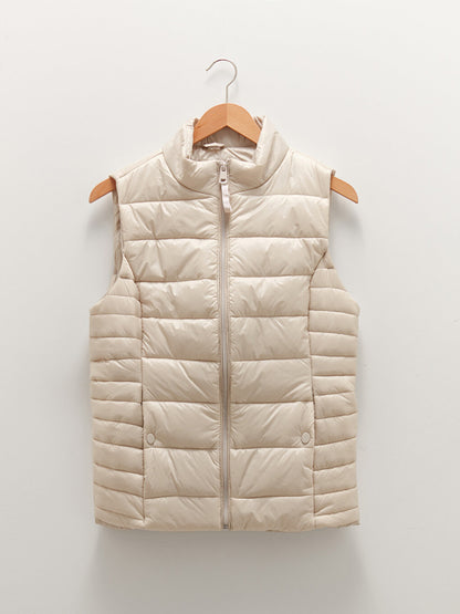 High Collar Sleeveless Plain Pocket Detailed Women's Puffer Vest