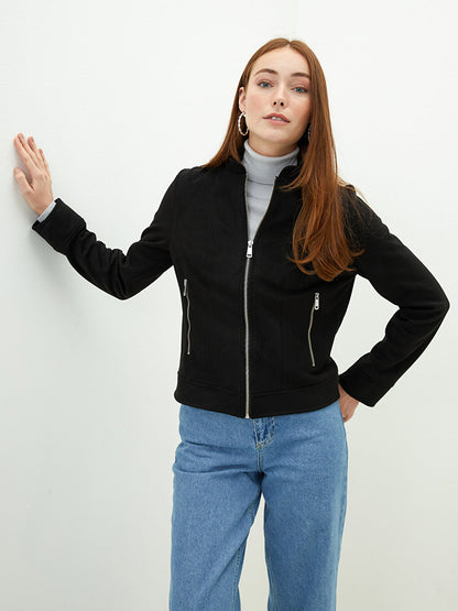 High Collar Long Sleeve Plain Women's Zipper Jacket