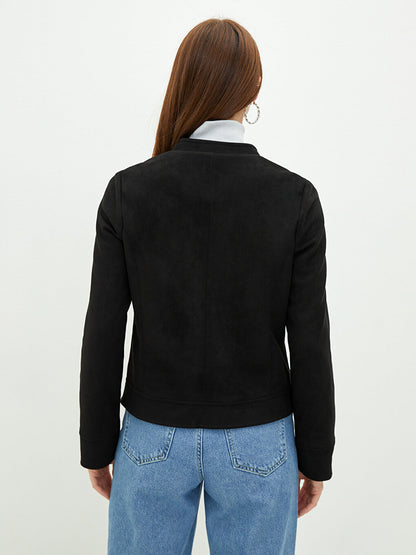 High Collar Long Sleeve Plain Women's Zipper Jacket