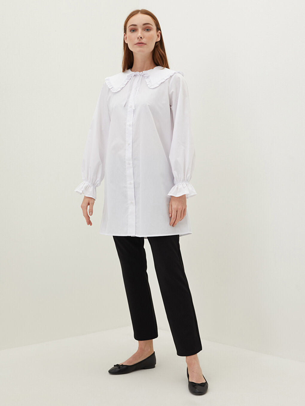 Ruffled Baby Collar Plain Long Sleeve Poplin Women's Tunic