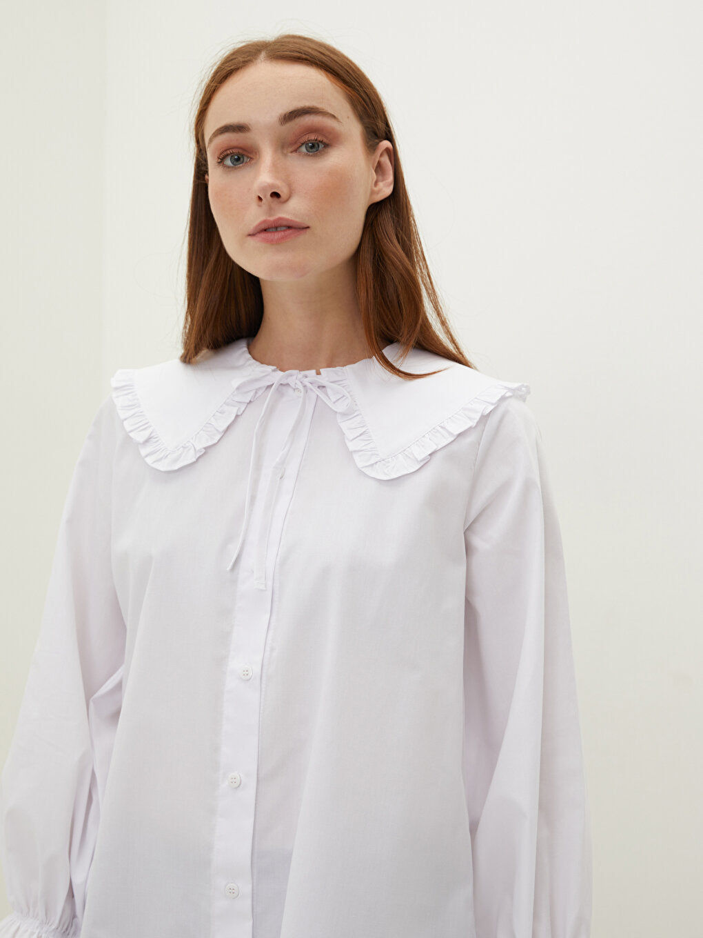 Ruffled Baby Collar Plain Long Sleeve Poplin Women's Tunic