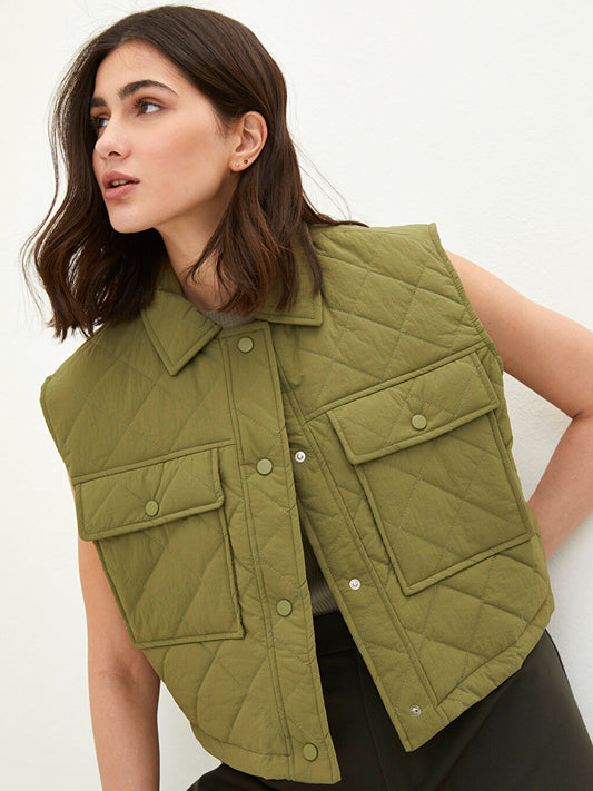 Shirt Collar Quilted Patterned Women's Vest