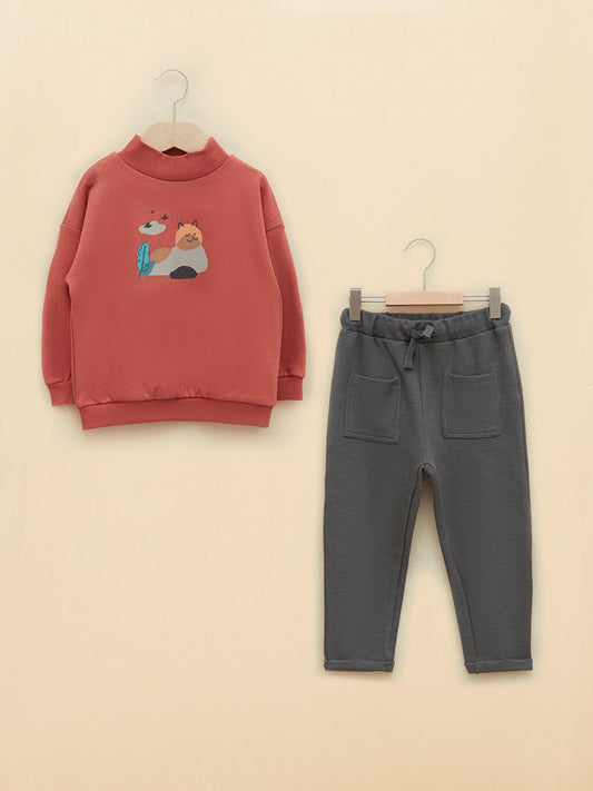 Turtleneck Long Sleeve Organic Cotton Baby Boy Sweatshirt and Trousers 2-Piece Set