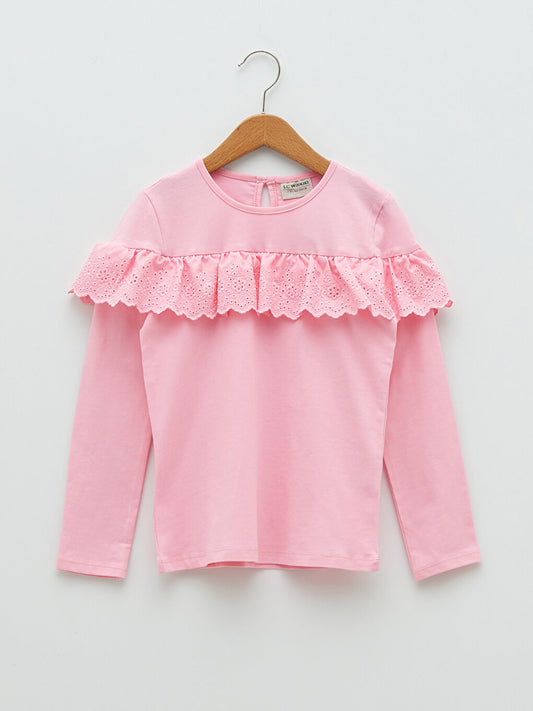 Crew Neck Basic Scallop Detailed Long Sleeve Girls' T-Shirt