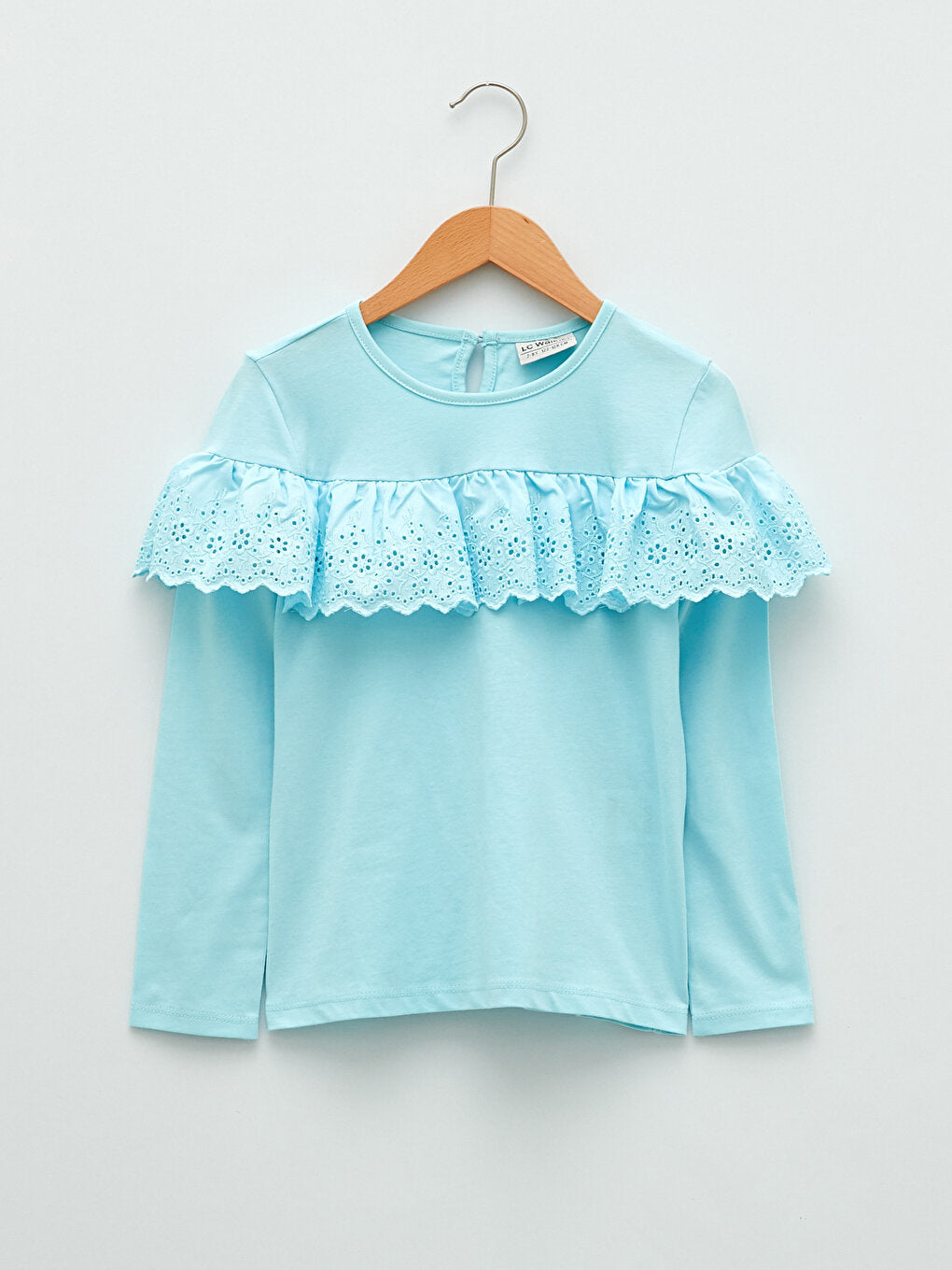 Crew Neck Basic Scallop Detailed Long Sleeve Girls' T-Shirt