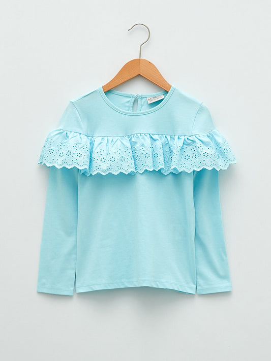 Crew Neck Basic Scallop Detailed Long Sleeve Girls' T-Shirt