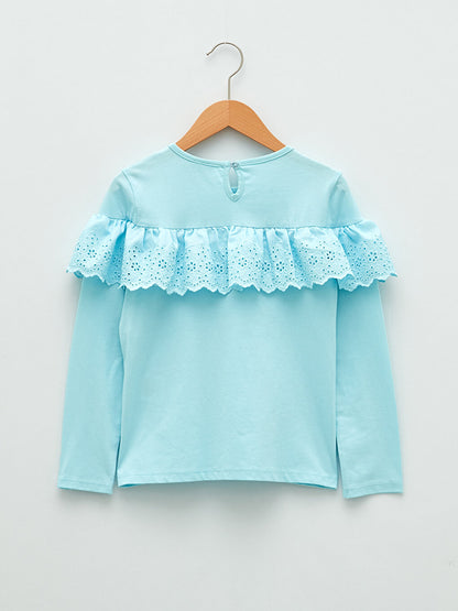 Crew Neck Basic Scallop Detailed Long Sleeve Girls' T-Shirt