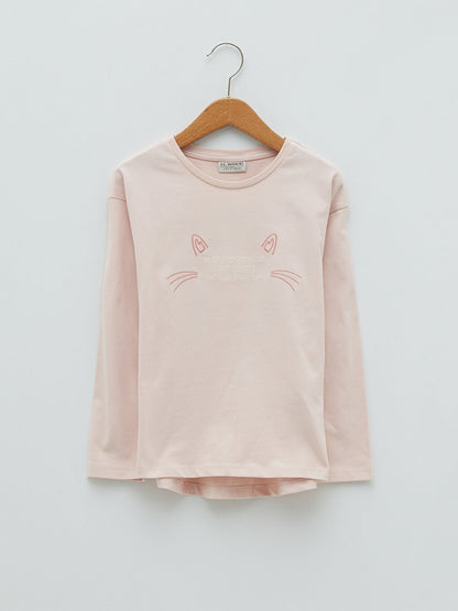 Crew Neck Embroidery Detailed Long Sleeve Cotton Girls' T-Shirt