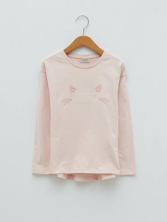 Crew Neck Embroidery Detailed Long Sleeve Cotton Girls' T-Shirt