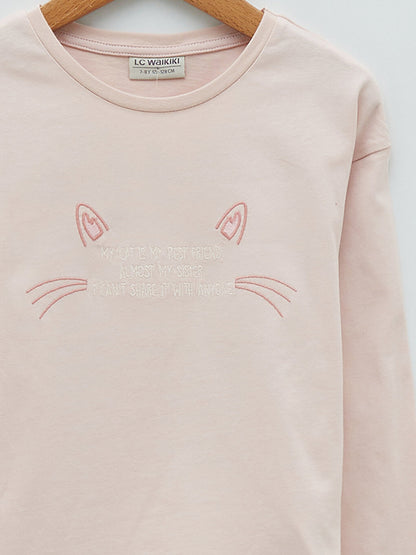 Crew Neck Embroidery Detailed Long Sleeve Cotton Girls' T-Shirt