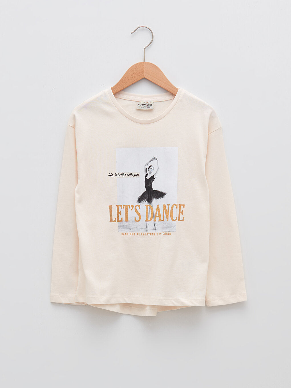 Crew Neck Printed Long Sleeve Cotton Girls' T-Shirt