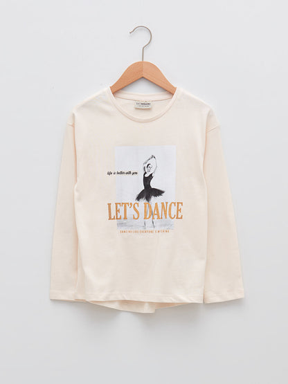 Crew Neck Printed Long Sleeve Cotton Girls' T-Shirt