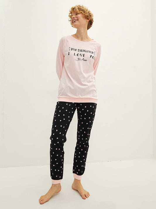 Crew Neck Printed Long Sleeve Cotton Women's Pajama Set