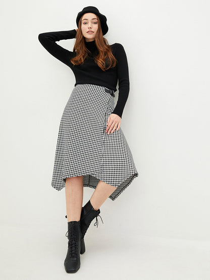 Belted Waist Houndstooth Patterned Asymmetric Cut Ponte Fabric Women's Skirt