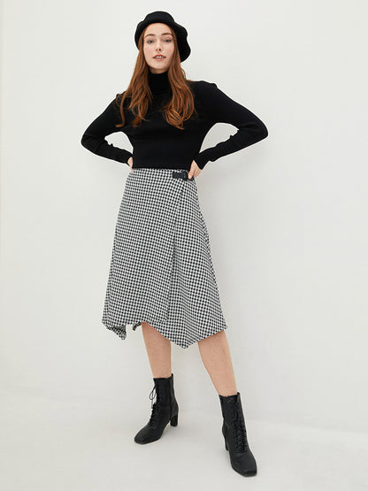 Belted Waist Houndstooth Patterned Asymmetric Cut Ponte Fabric Women's Skirt