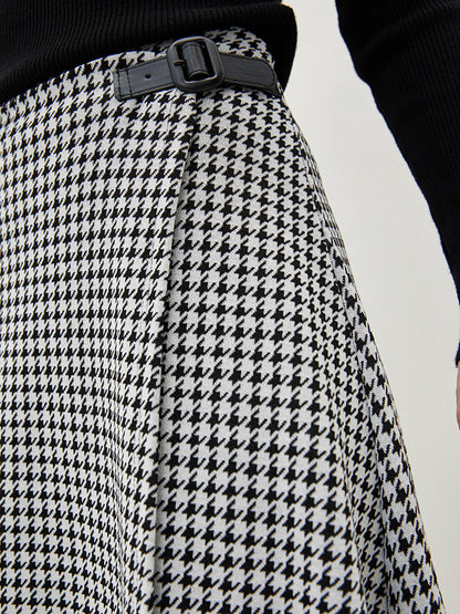 Belted Waist Houndstooth Patterned Asymmetric Cut Ponte Fabric Women's Skirt