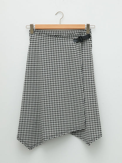 Belted Waist Houndstooth Patterned Asymmetric Cut Ponte Fabric Women's Skirt