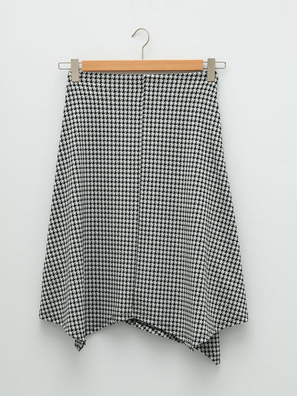 Belted Waist Houndstooth Patterned Asymmetric Cut Ponte Fabric Women's Skirt