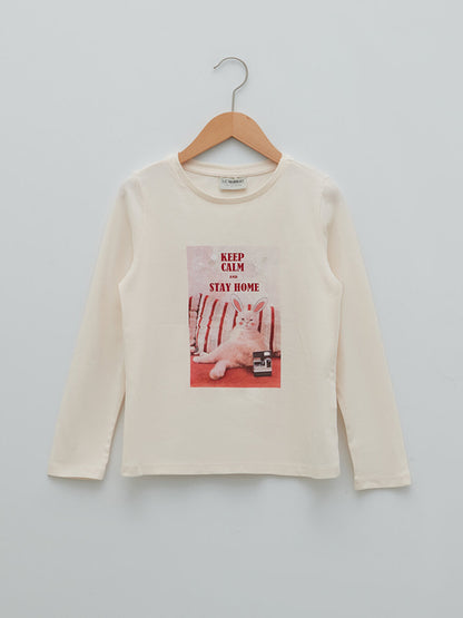 Crew Neck Printed Long Sleeve Cotton Girls' T-Shirt