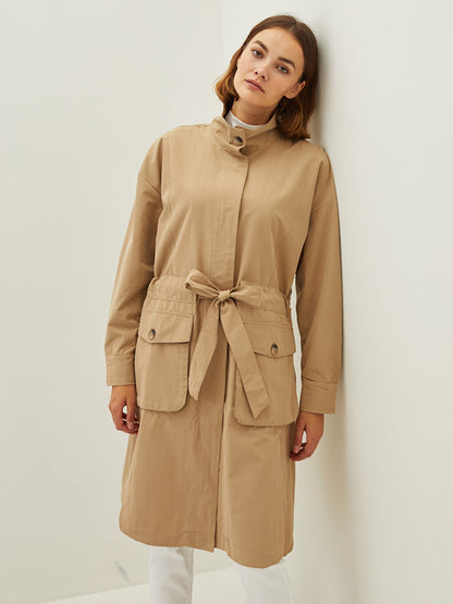 High Collar Belted Long Sleeve Slim Women's Coat