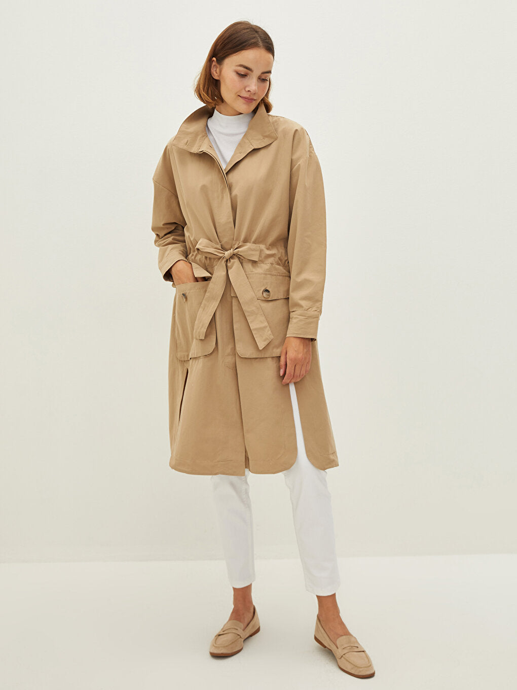 High Collar Belted Long Sleeve Slim Women's Coat