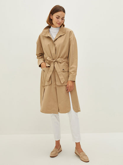 High Collar Belted Long Sleeve Slim Women's Coat