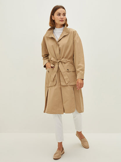 High Collar Belted Long Sleeve Slim Women's Coat