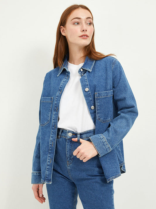 Shirt Collar Plain Long Sleeve Pocket Detailed Women's Rodeo Jean Jacket