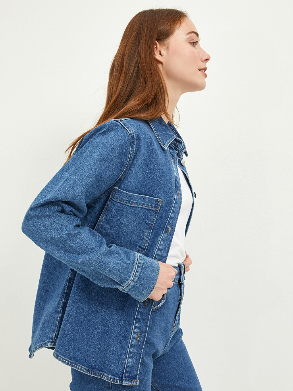 Shirt Collar Plain Long Sleeve Pocket Detailed Women's Rodeo Jean Jacket