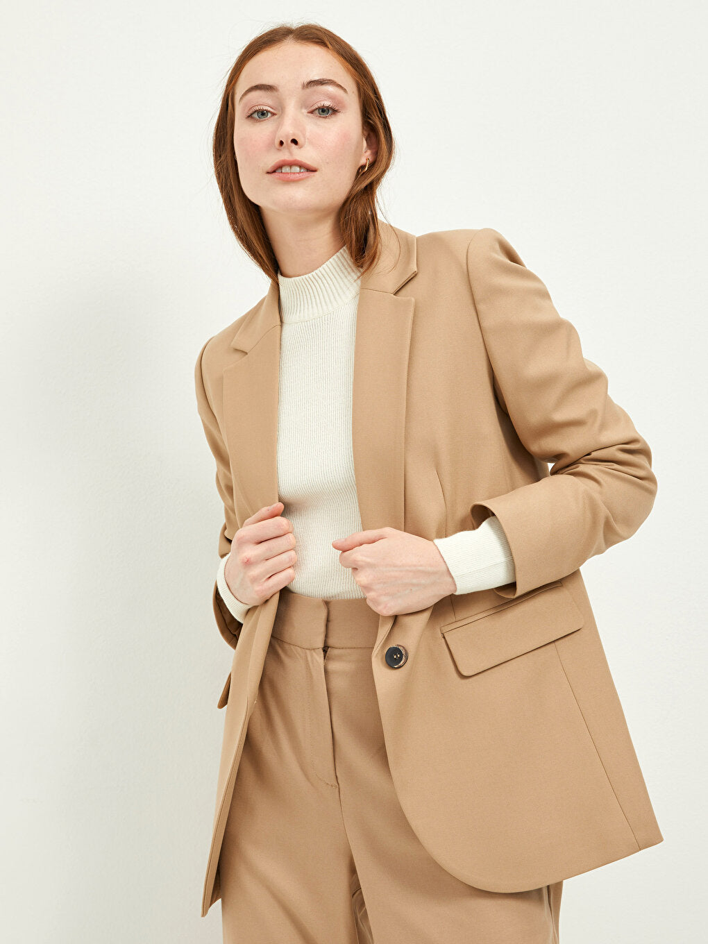 Buttoned Front Plain Long Sleeve Women's Blazer Jacket