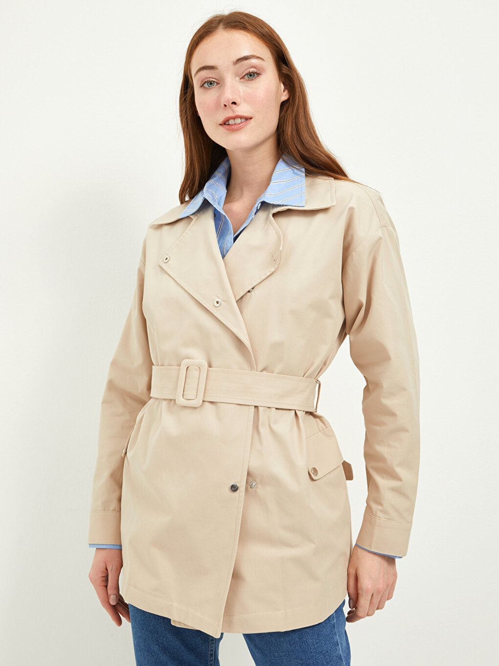 Jacket Collar Plain Long Sleeve Pocket Detailed Women's Slim Trench Coat