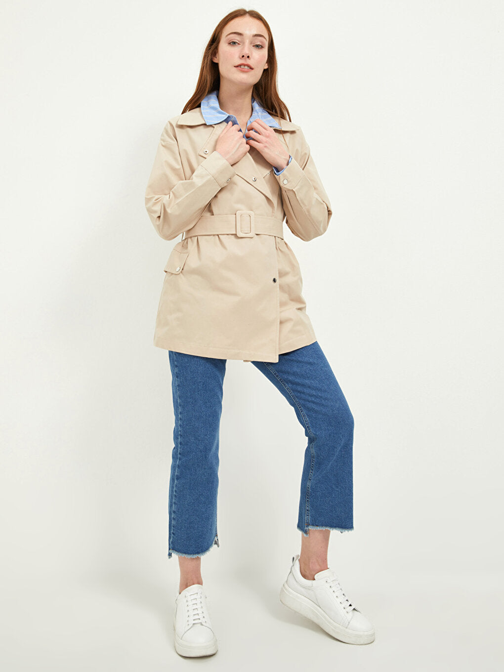 Jacket Collar Plain Long Sleeve Pocket Detailed Women's Slim Trench Coat