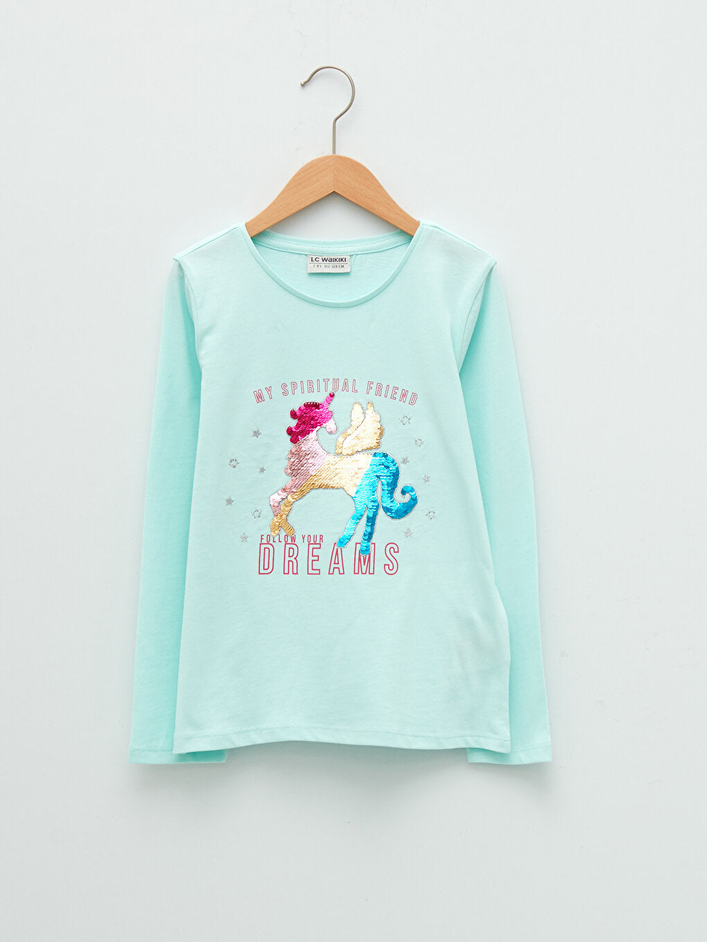 Crew Neck Printed Reversible Sequined Long Sleeve Girl's T-Shirt